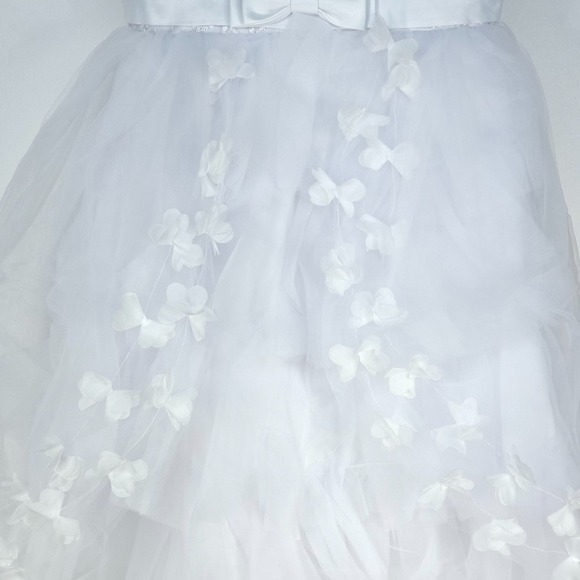 White Tulle Formal Christening Gown 7/8 Floral 3D Applique Satin Bow Flower Girl - Picture 14 of 16